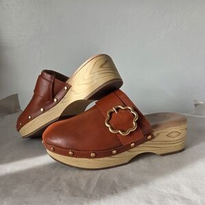 Sam & Libby Alexis Clogs Mules Brown Faux Leather Chunky Boho Hippie Gypsy 8